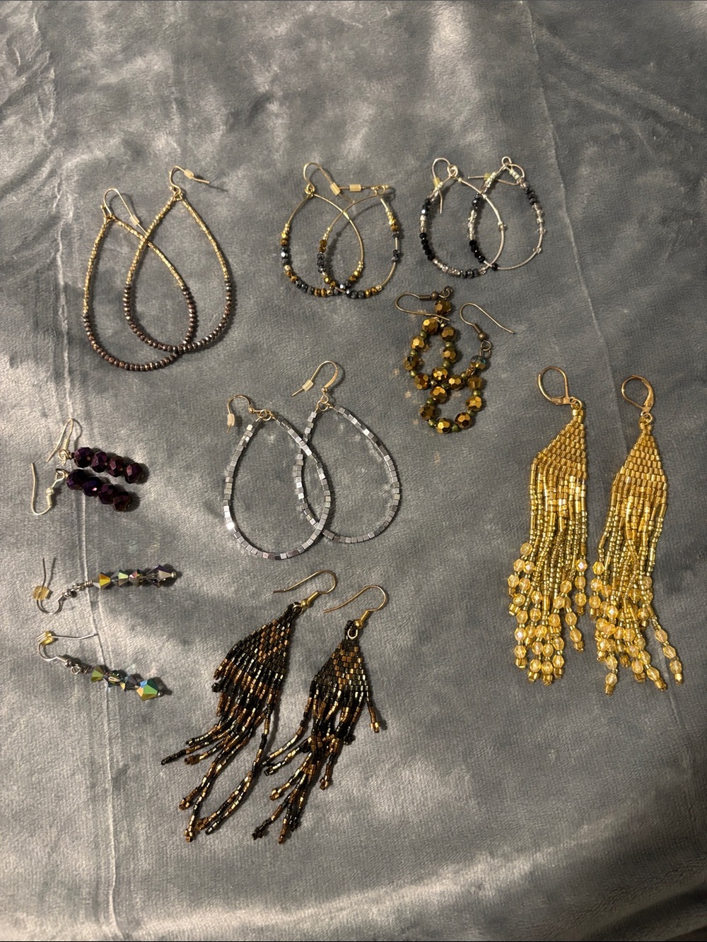 Assorted Beaded 9 Hoop & Dangle Earrings - Gold, Black, Silver, Purple